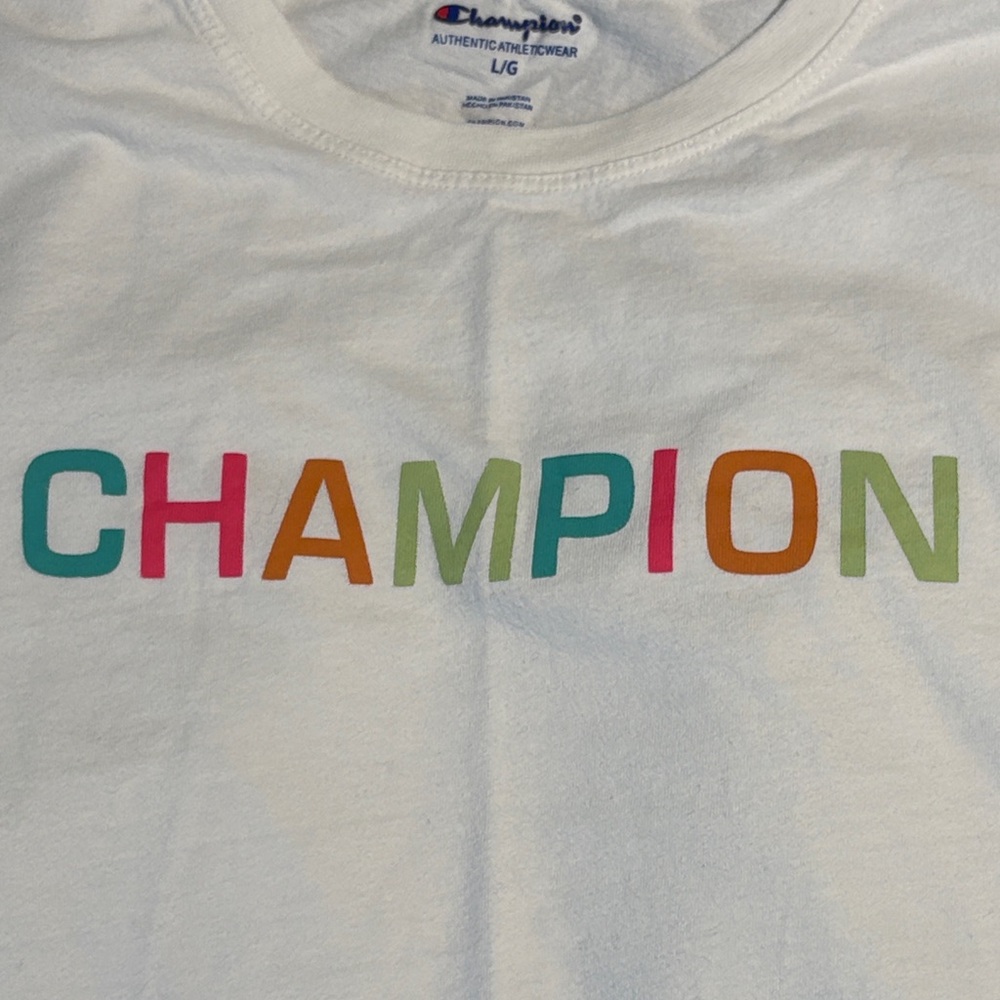 Champion White Women’s Tee with Colorful Logo NWOT